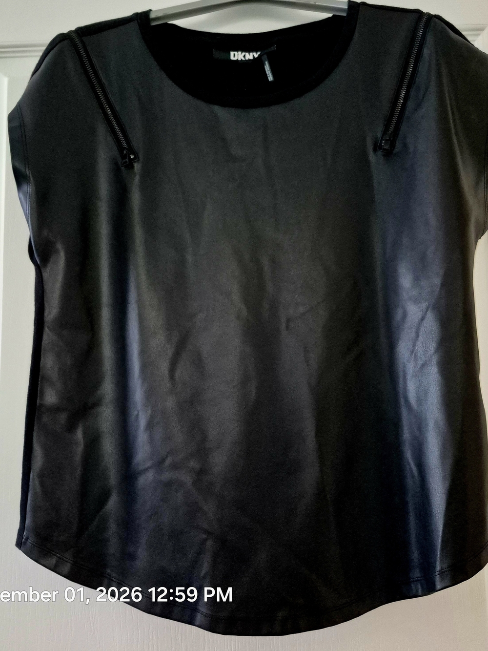DKNY Black Faux-Leather Short Sleeve Zip-Accent Top